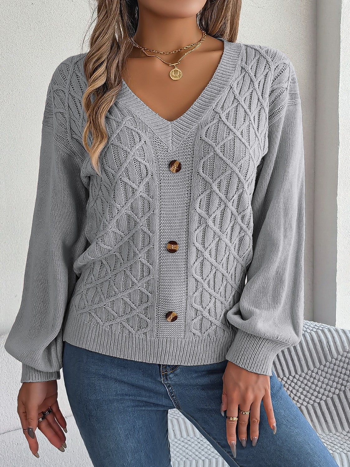 Cable - Knit V - Neck Lantern Sleeve Sweater | Trending Chic NZ