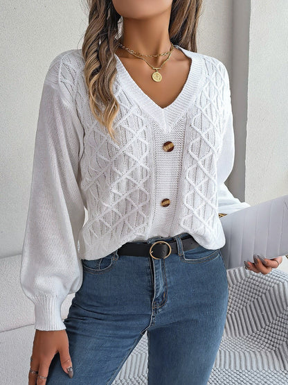 Cable - Knit V - Neck Lantern Sleeve Sweater | Trending Chic NZ