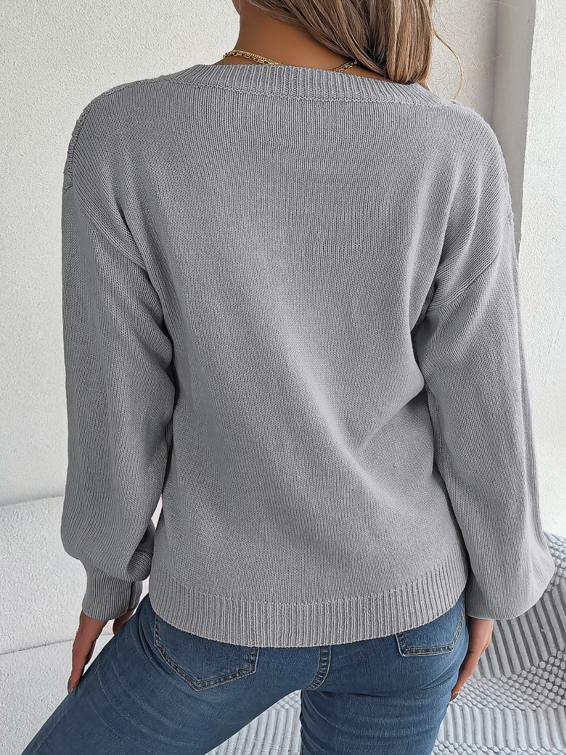 Cable - Knit V - Neck Lantern Sleeve Sweater | Trending Chic NZ