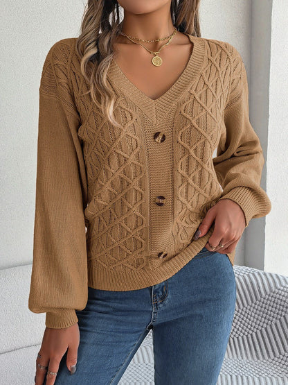 Cable - Knit V - Neck Lantern Sleeve Sweater | Trending Chic NZ