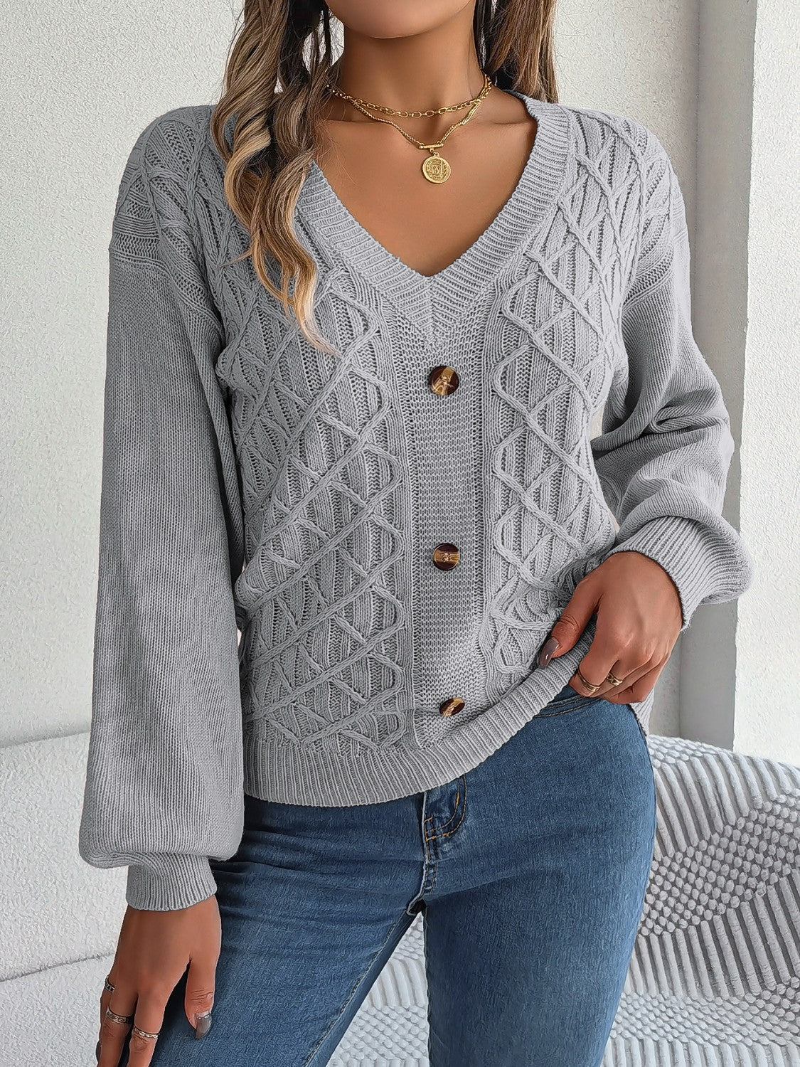 Cable - Knit V - Neck Lantern Sleeve Sweater | Trending Chic NZ