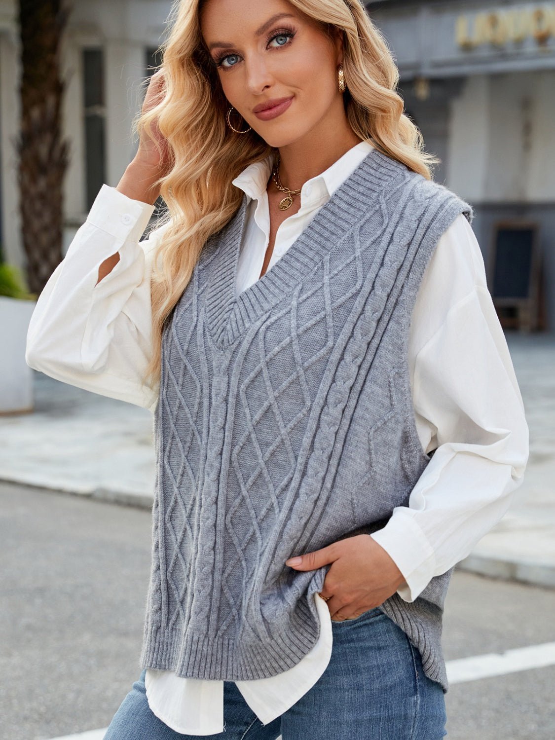 Cable Knit V - Neck Sweater Vest | Trending Chic NZ