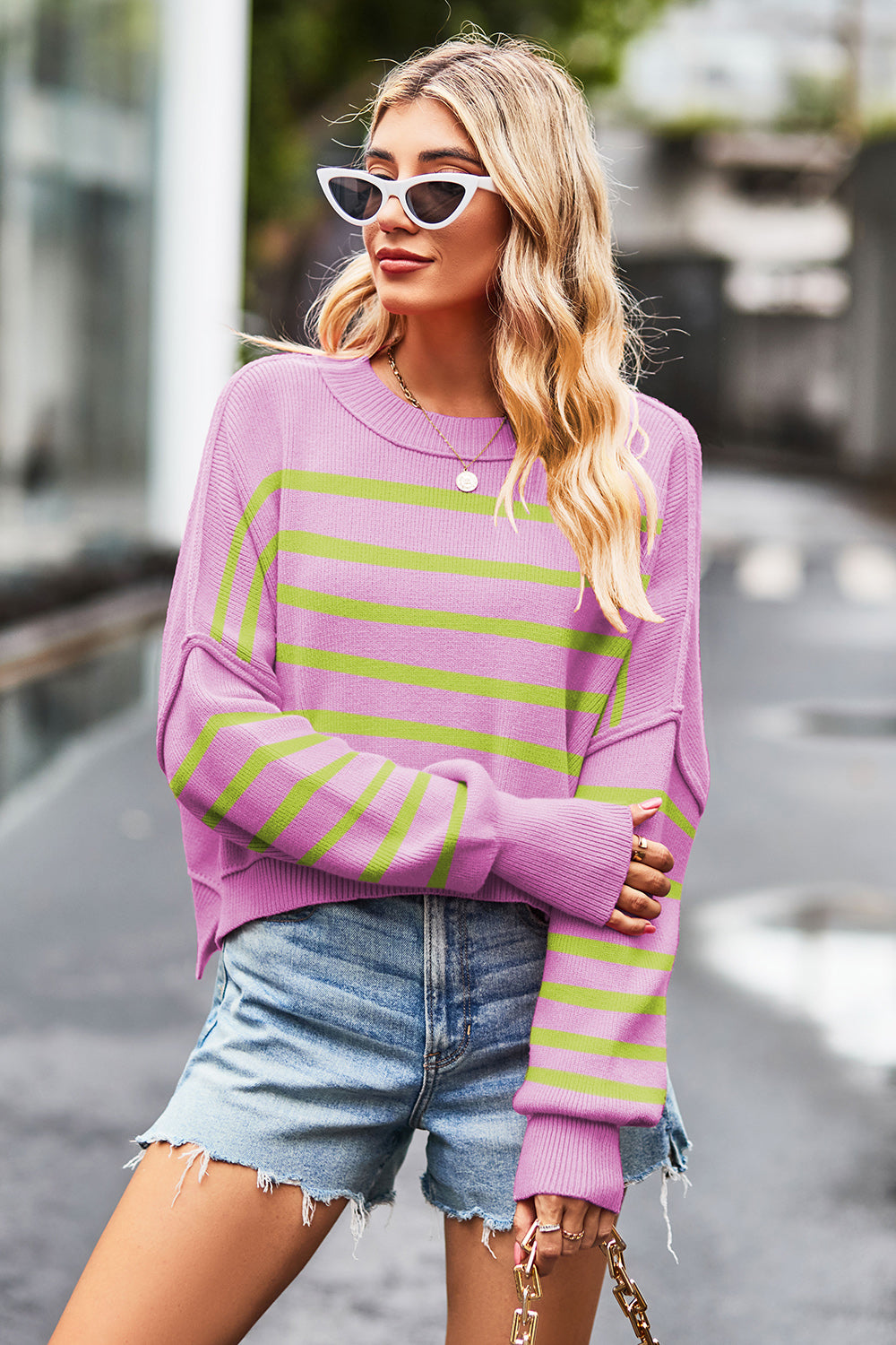 Striped Round Neck Drop Shoulder Slit Sweater