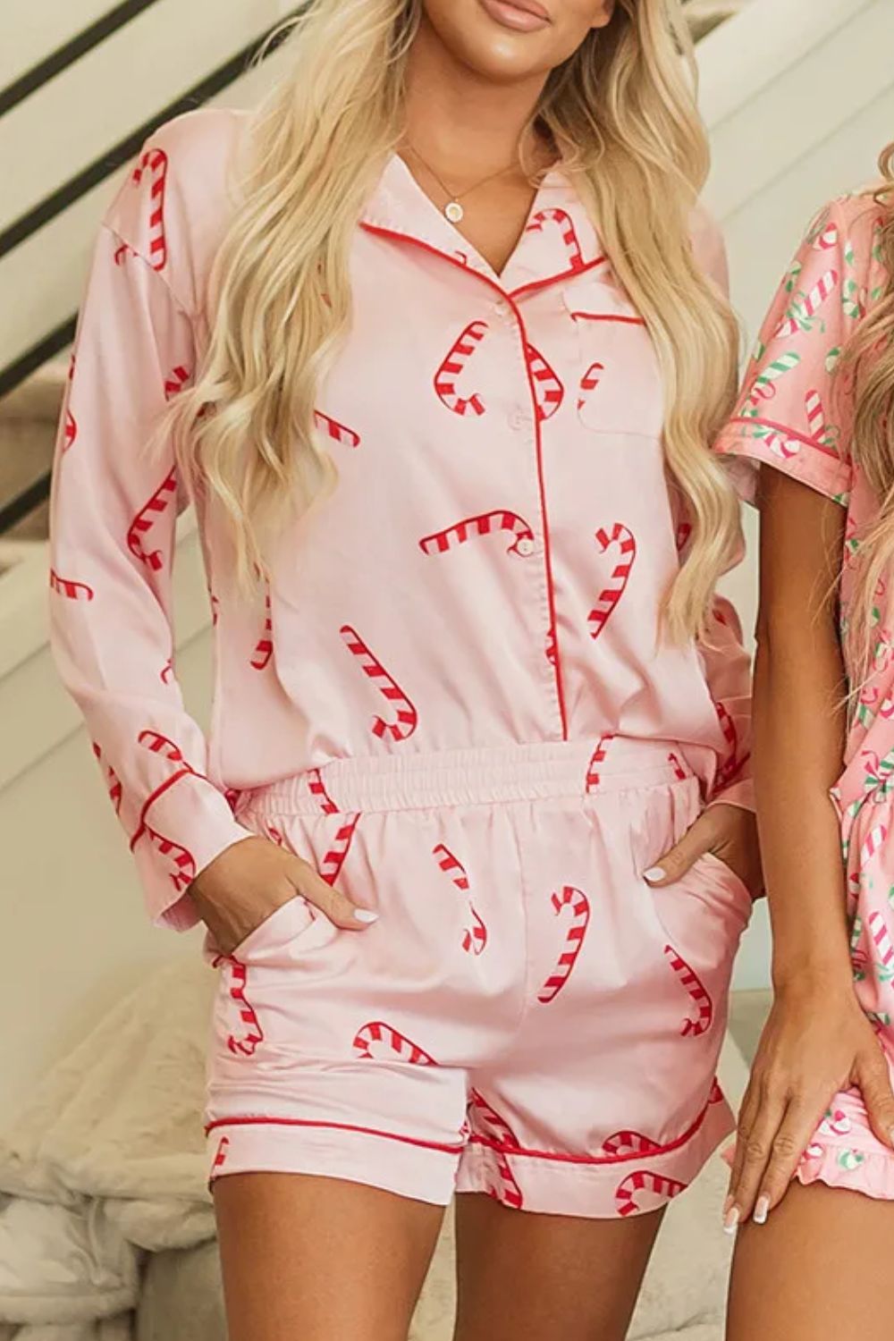 Candy Cane Collared Neck Long Sleeve Top and Shorts Lounge Set | Trending Chic NZ