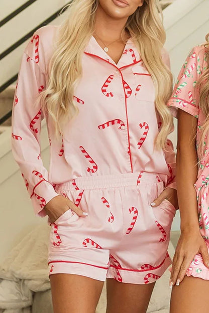 Candy Cane Collared Neck Long Sleeve Top and Shorts Lounge Set | Trending Chic NZ