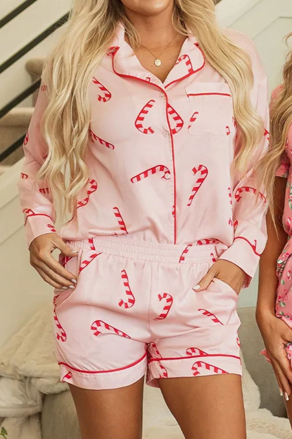 Candy Cane Collared Neck Long Sleeve Top and Shorts Lounge Set | Trending Chic NZ