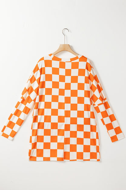 Checkered Round Neck Long Sleeve T-Shirt with Pockets