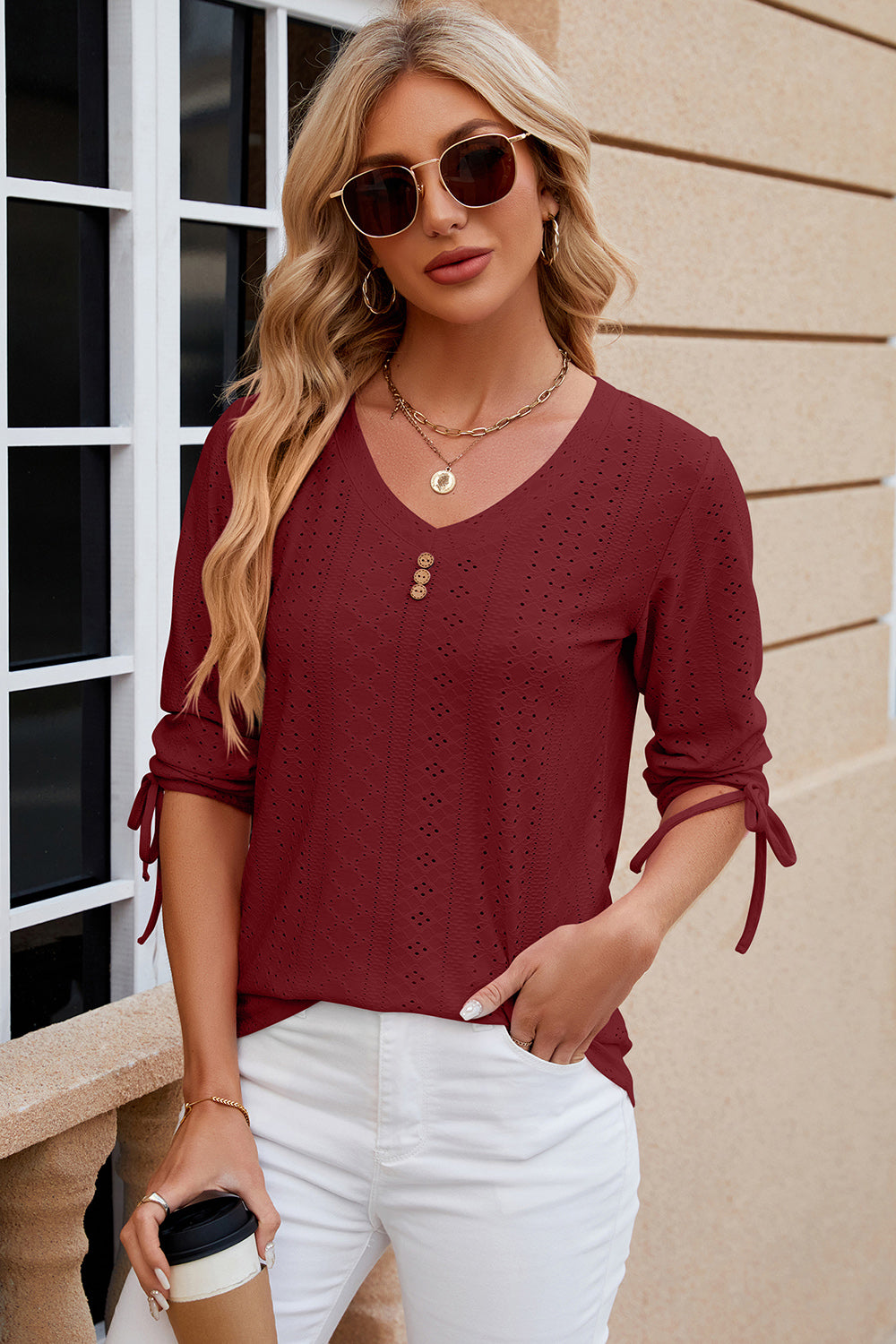 Eyelet Drawstring V-Neck Half Sleeve T-Shirt