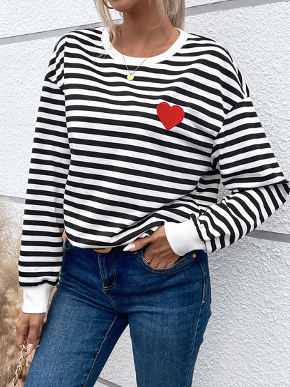 Heart Patch Striped Round Neck Long Sleeve Sweatshirt