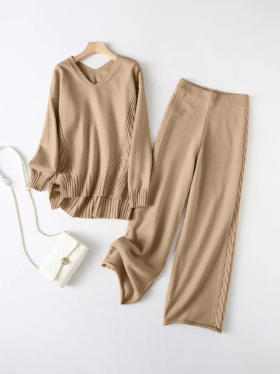 Slit V-Neck Long Sleeve Top and Pants Sweater Set