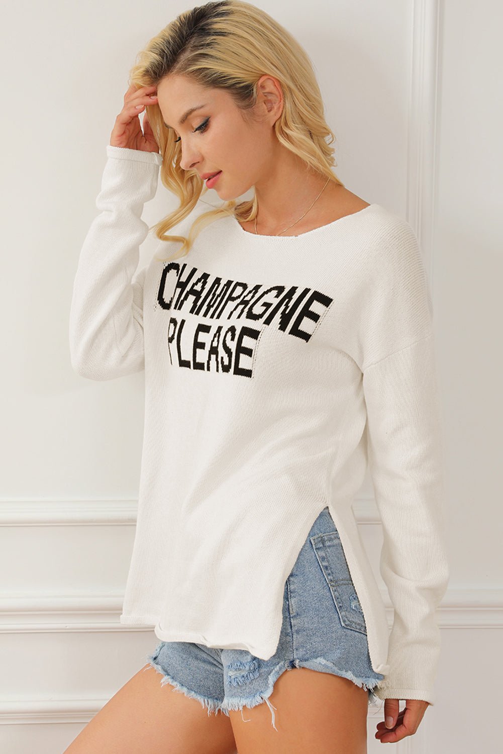 CHAMPAGNE PLEASE Long Sleeve Slit Sweater | Trending Chic NZ