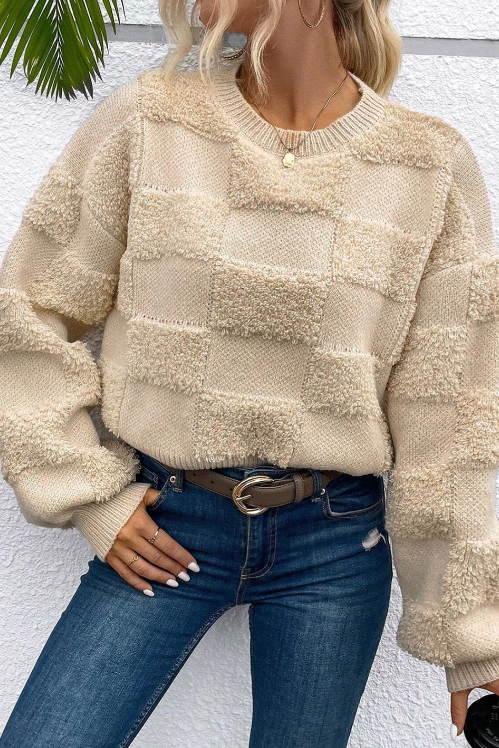 Checkered Round Neck Dropped Shoulder Sweater | Trending Chic NZ