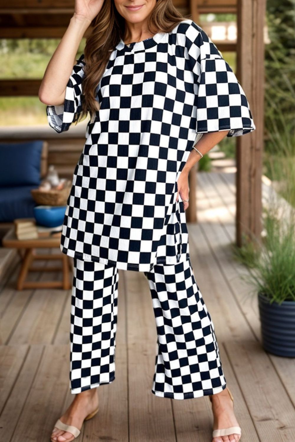 Checkered Round Neck Half Sleeve Top and Pants Set | Trending Chic NZ