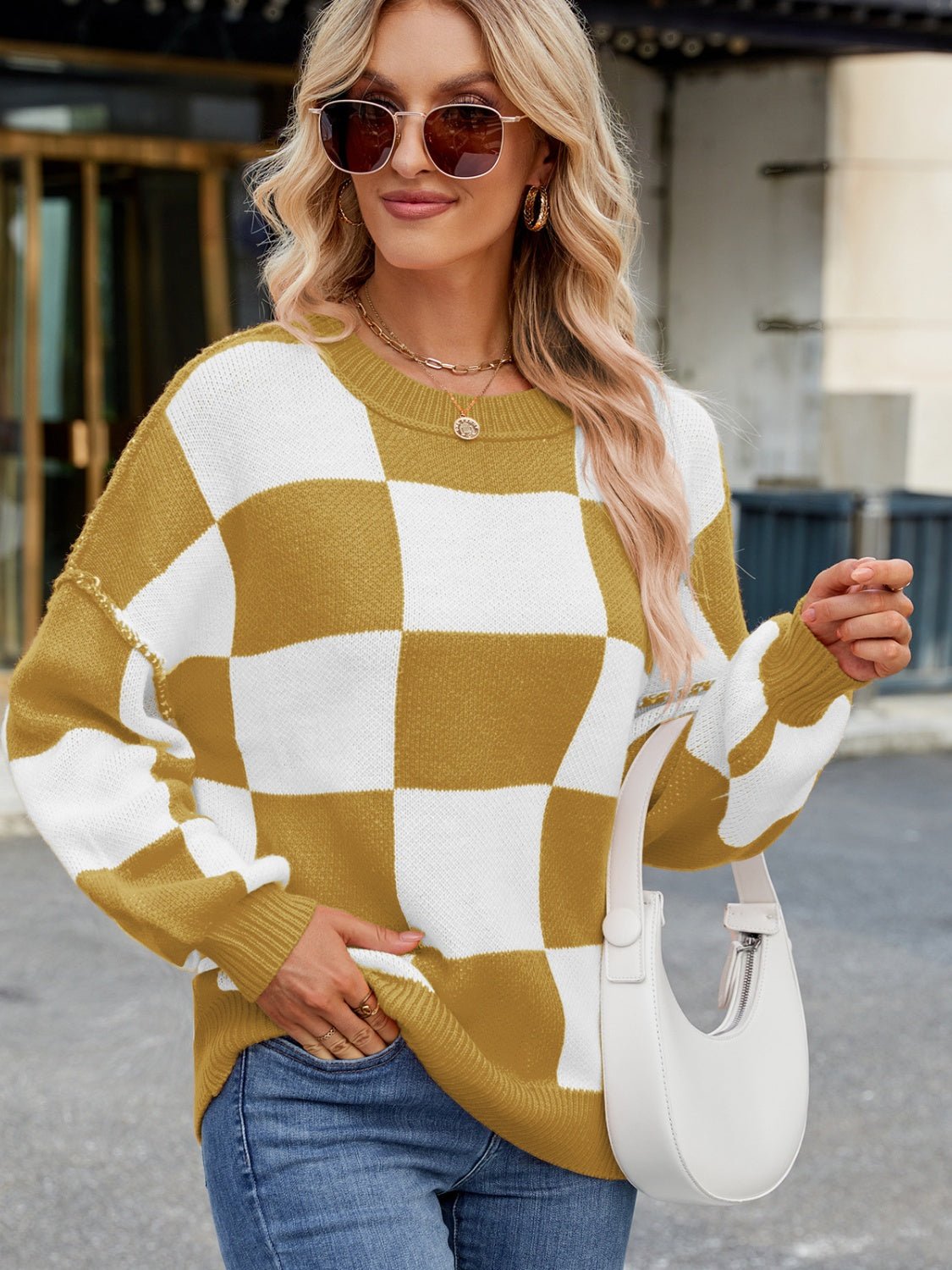 Checkered Round Neck Long Sleeve Sweater | Trending Chic NZ