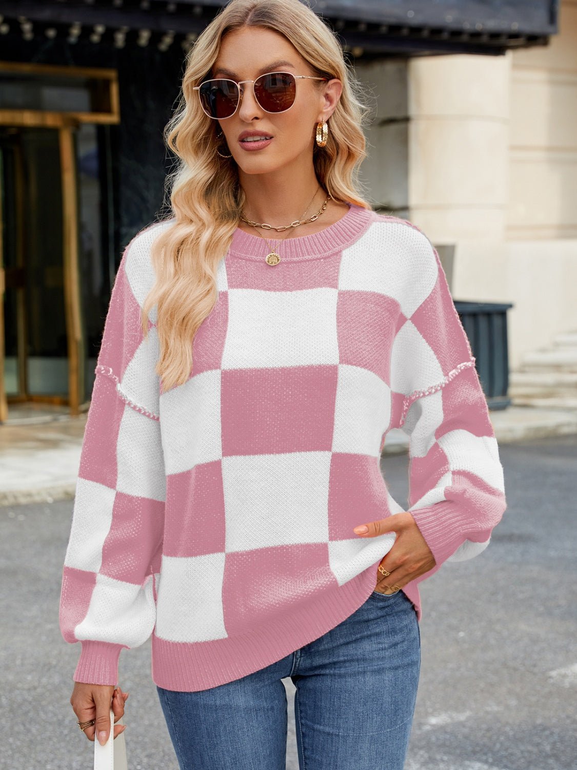 Checkered Round Neck Long Sleeve Sweater | Trending Chic NZ