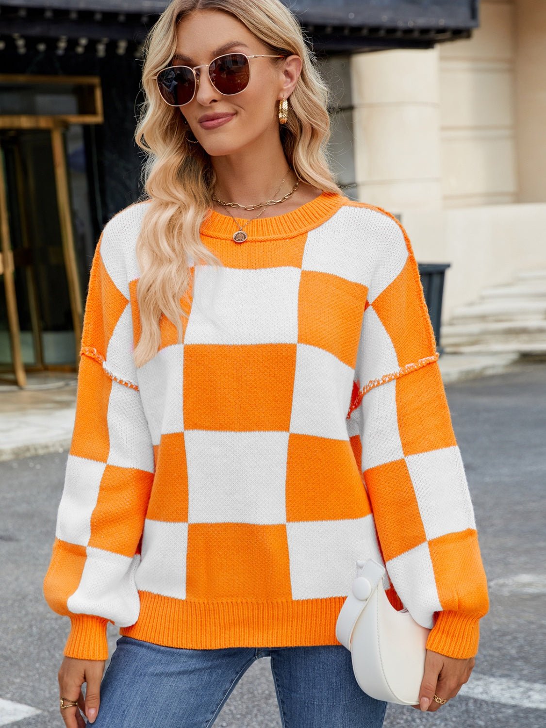 Checkered Round Neck Long Sleeve Sweater | Trending Chic NZ