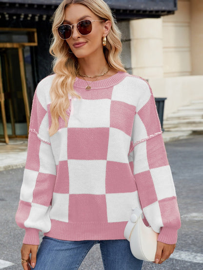 Checkered Round Neck Long Sleeve Sweater | Trending Chic NZ