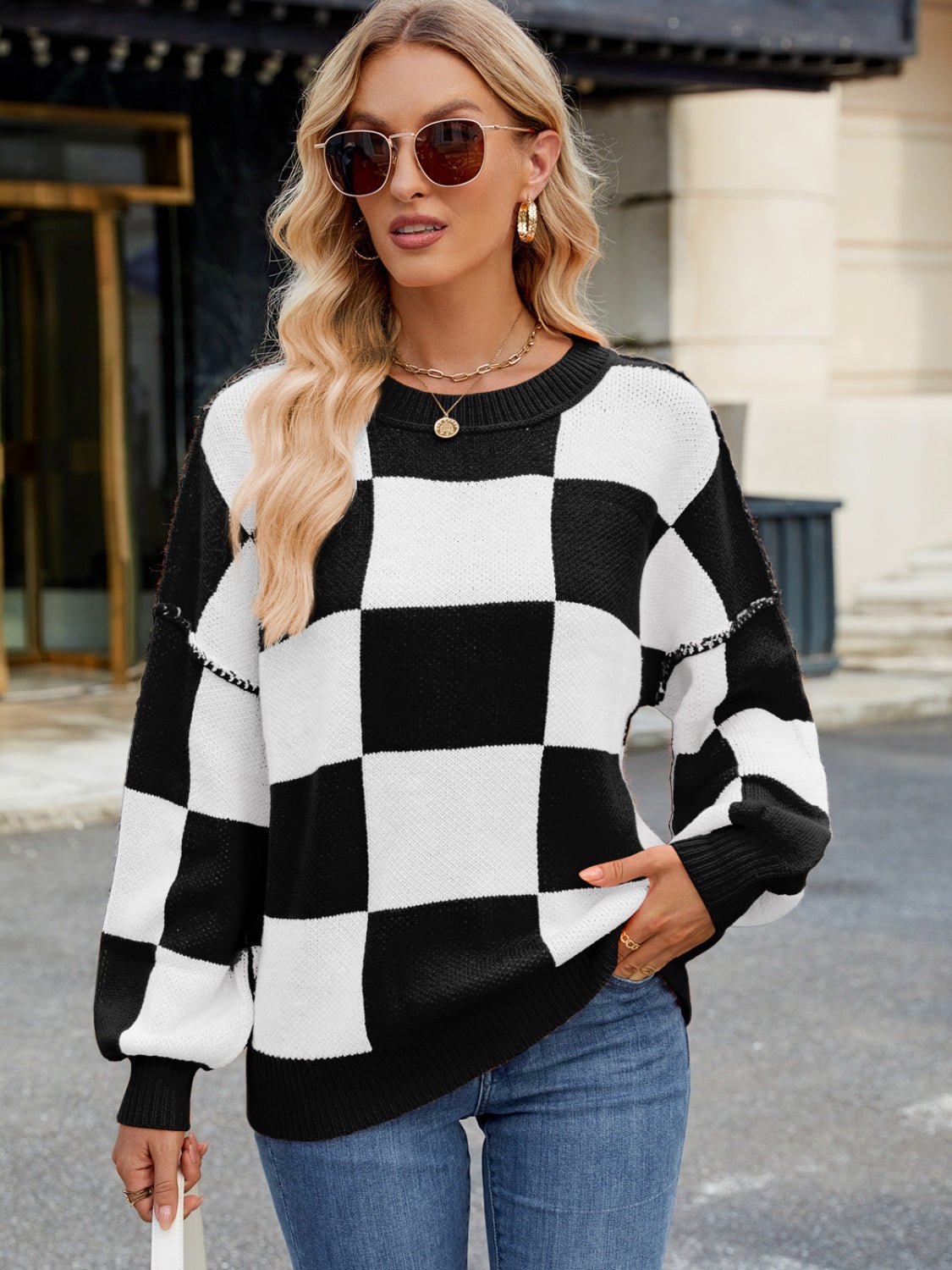 Checkered Round Neck Long Sleeve Sweater | Trending Chic NZ