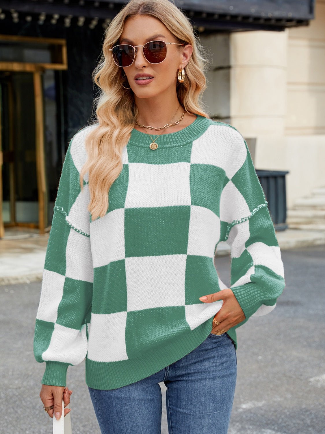 Checkered Round Neck Long Sleeve Sweater | Trending Chic NZ