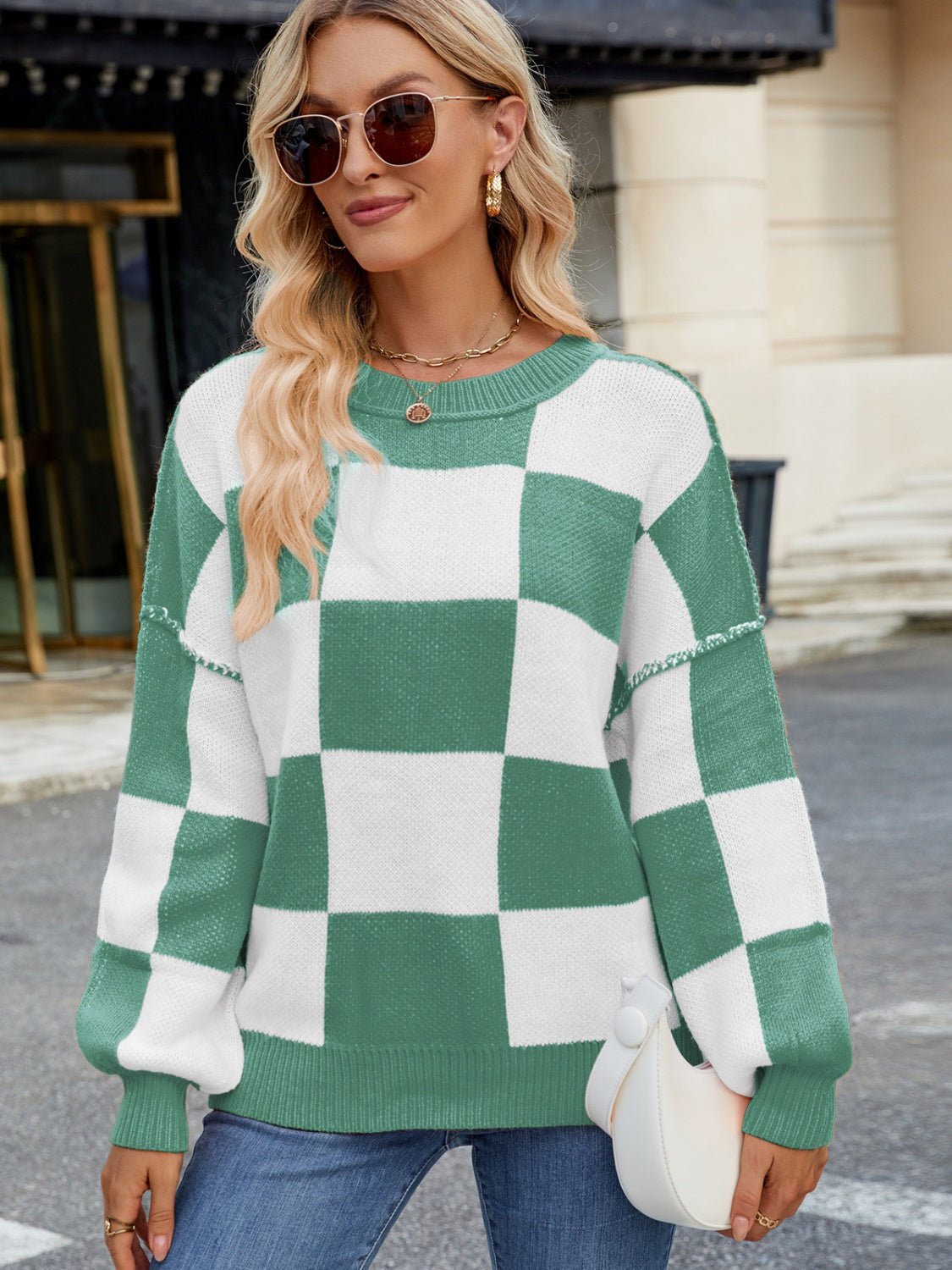 Checkered Round Neck Long Sleeve Sweater | Trending Chic NZ