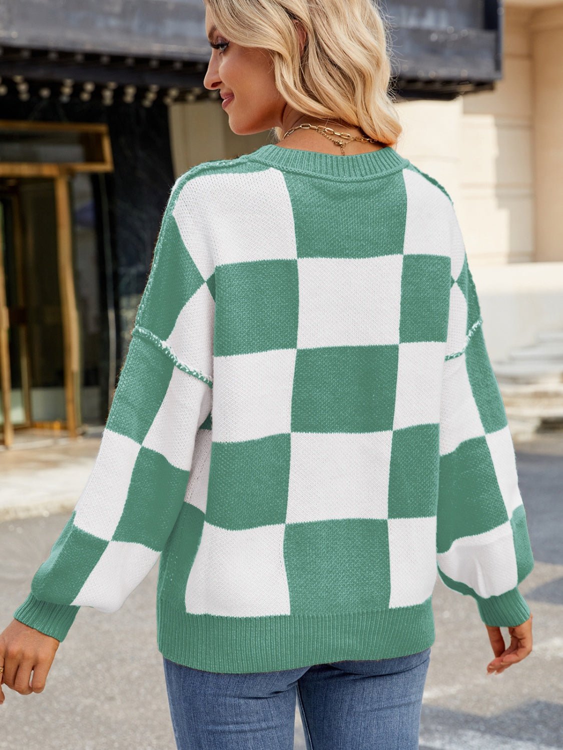 Checkered Round Neck Long Sleeve Sweater | Trending Chic NZ