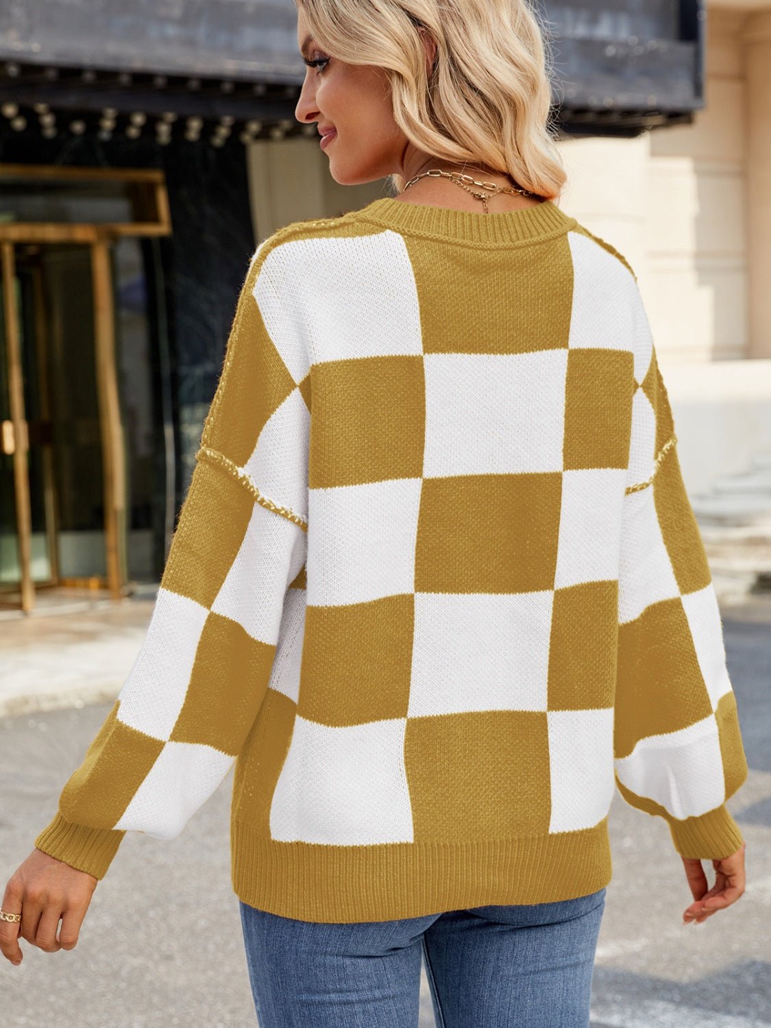 Checkered Round Neck Long Sleeve Sweater | Trending Chic NZ