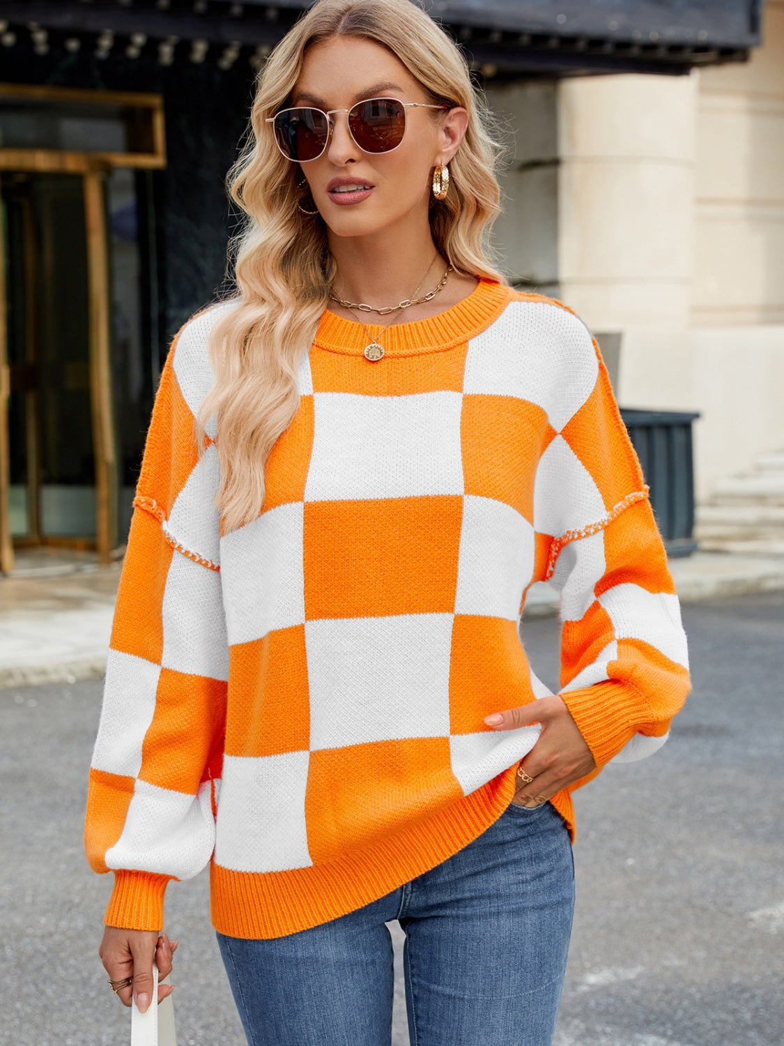 Checkered Round Neck Long Sleeve Sweater | Trending Chic NZ