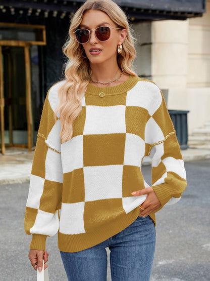 Checkered Round Neck Long Sleeve Sweater | Trending Chic NZ