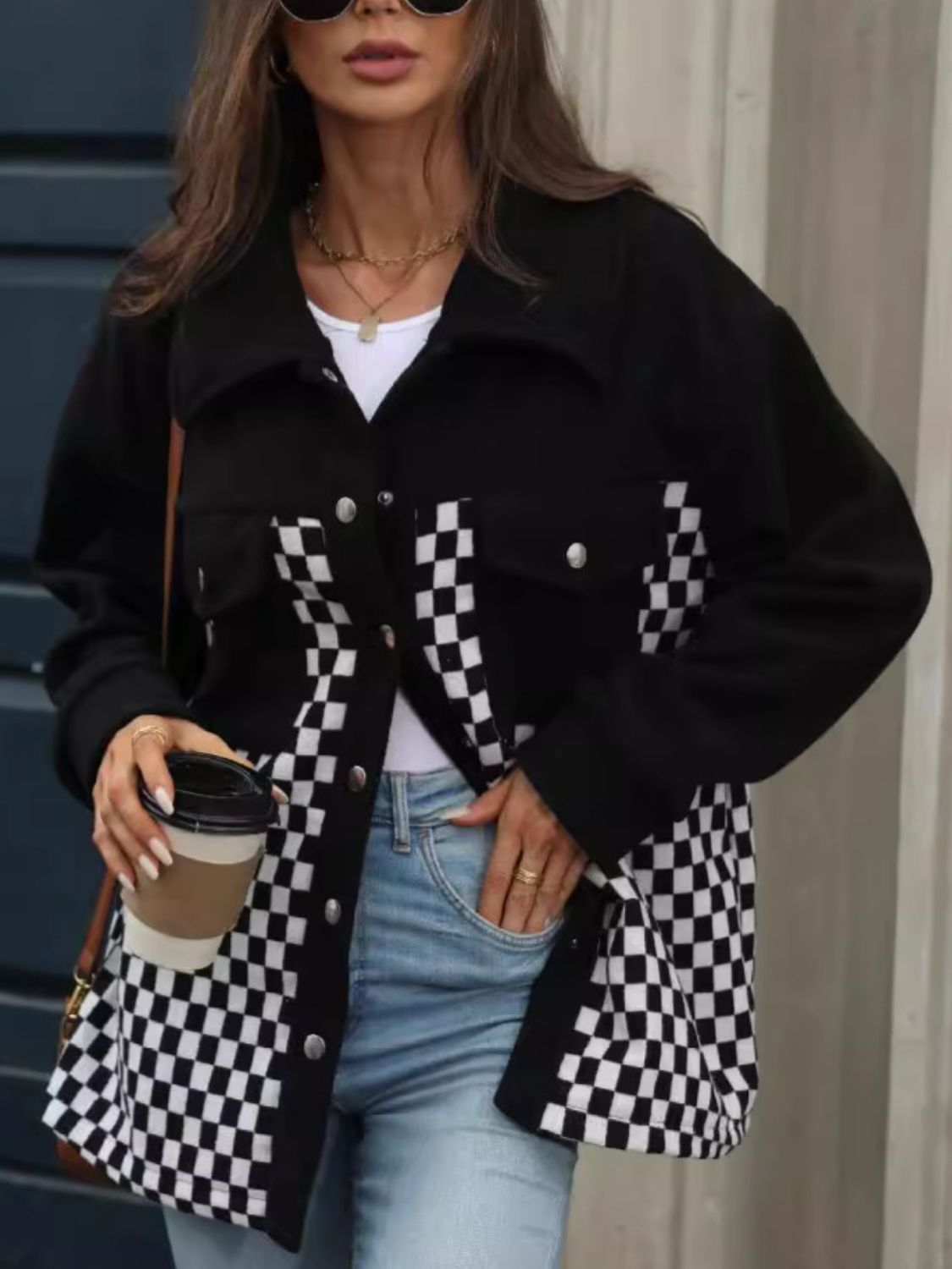 Checkered Snap Down Long Sleeve Jacket | Trending Chic NZ