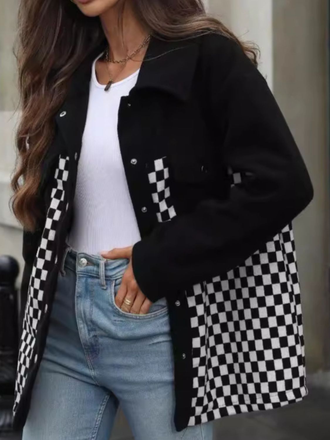 Checkered Snap Down Long Sleeve Jacket | Trending Chic NZ