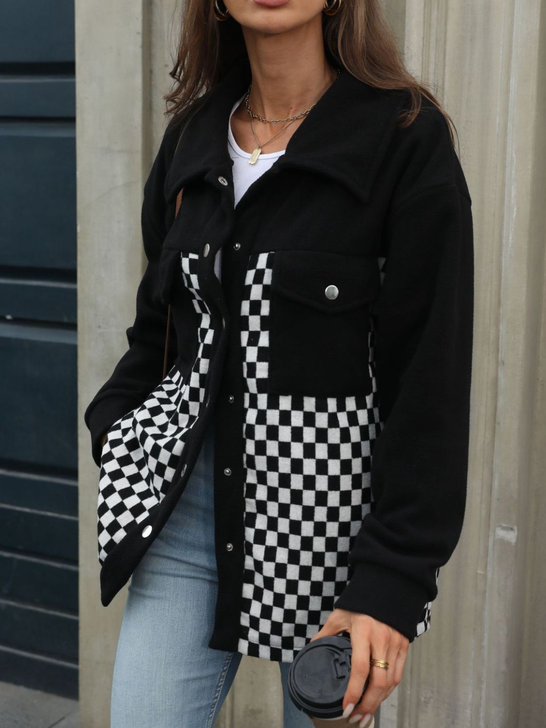 Checkered Snap Down Long Sleeve Jacket | Trending Chic NZ