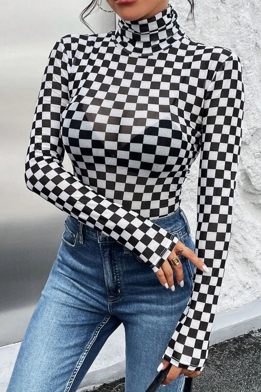 Checkered Turtleneck Long Sleeve Bodysuit | Trending Chic NZ