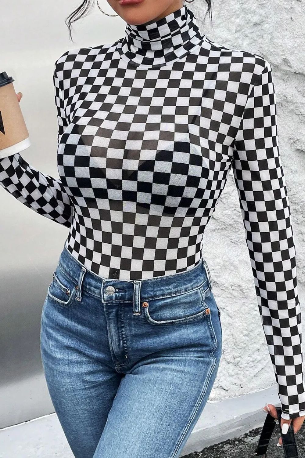 Checkered Turtleneck Long Sleeve Bodysuit | Trending Chic NZ