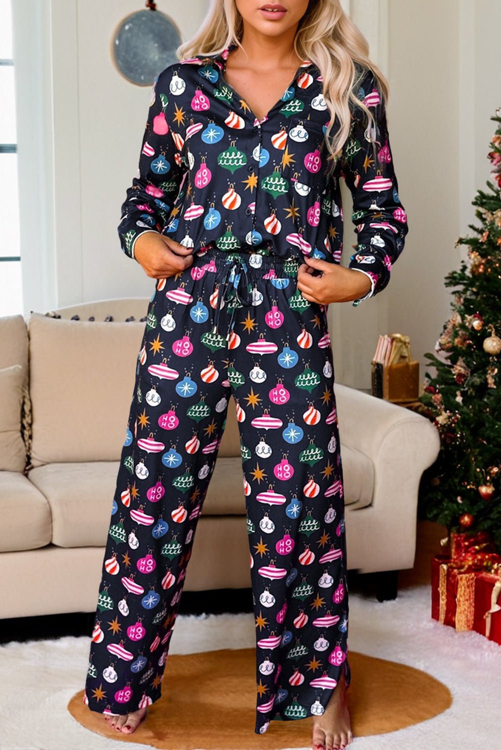 Christmas Lights Print Collared Neck Top and Pants Set | Trending Chic NZ