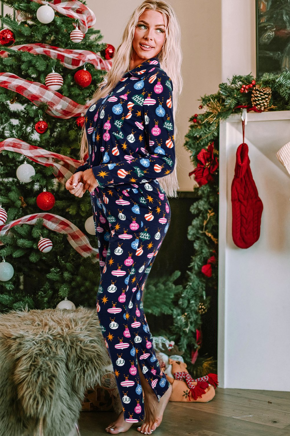 Christmas Lights Print Collared Neck Top and Pants Set | Trending Chic NZ