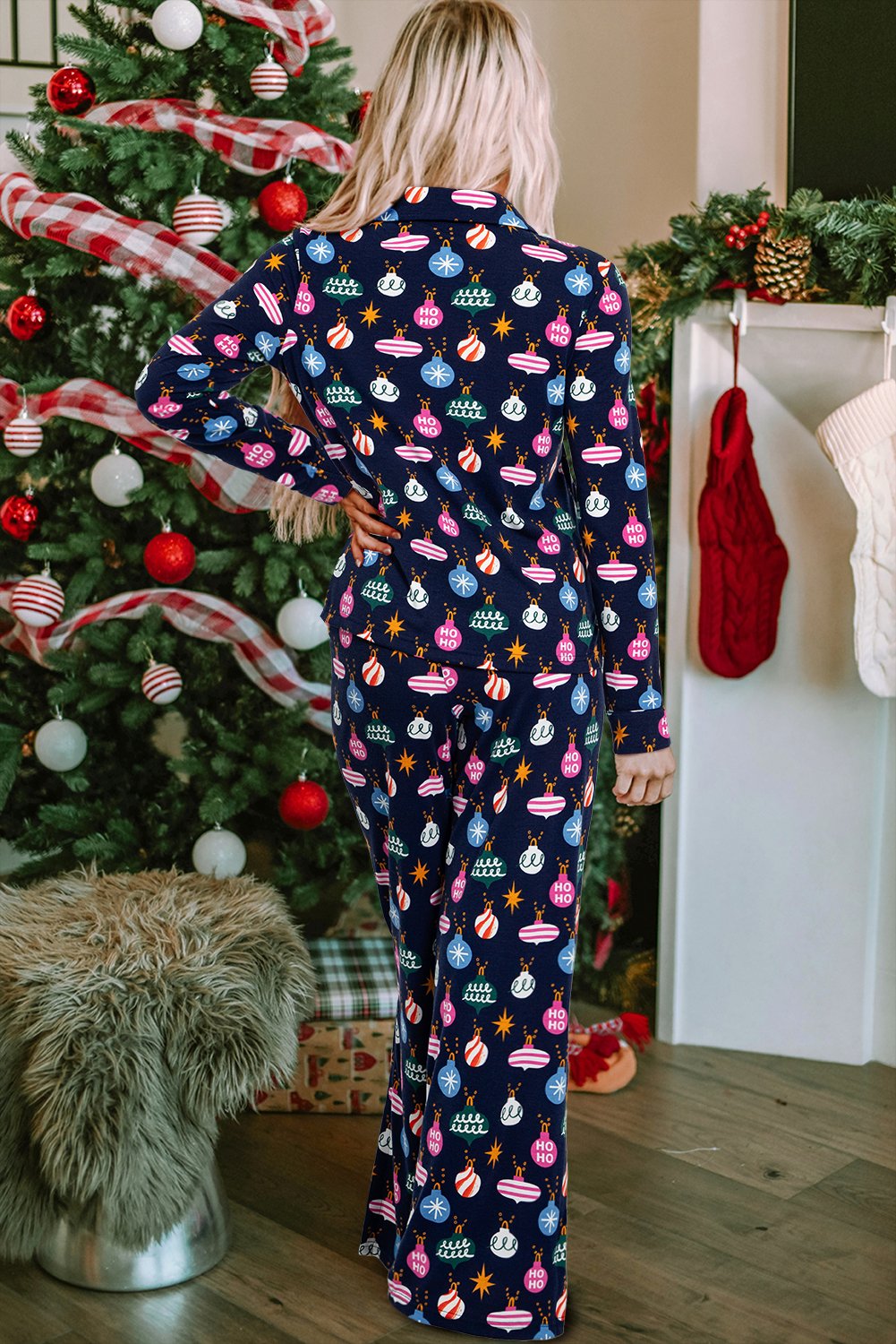 Christmas Lights Print Collared Neck Top and Pants Set | Trending Chic NZ