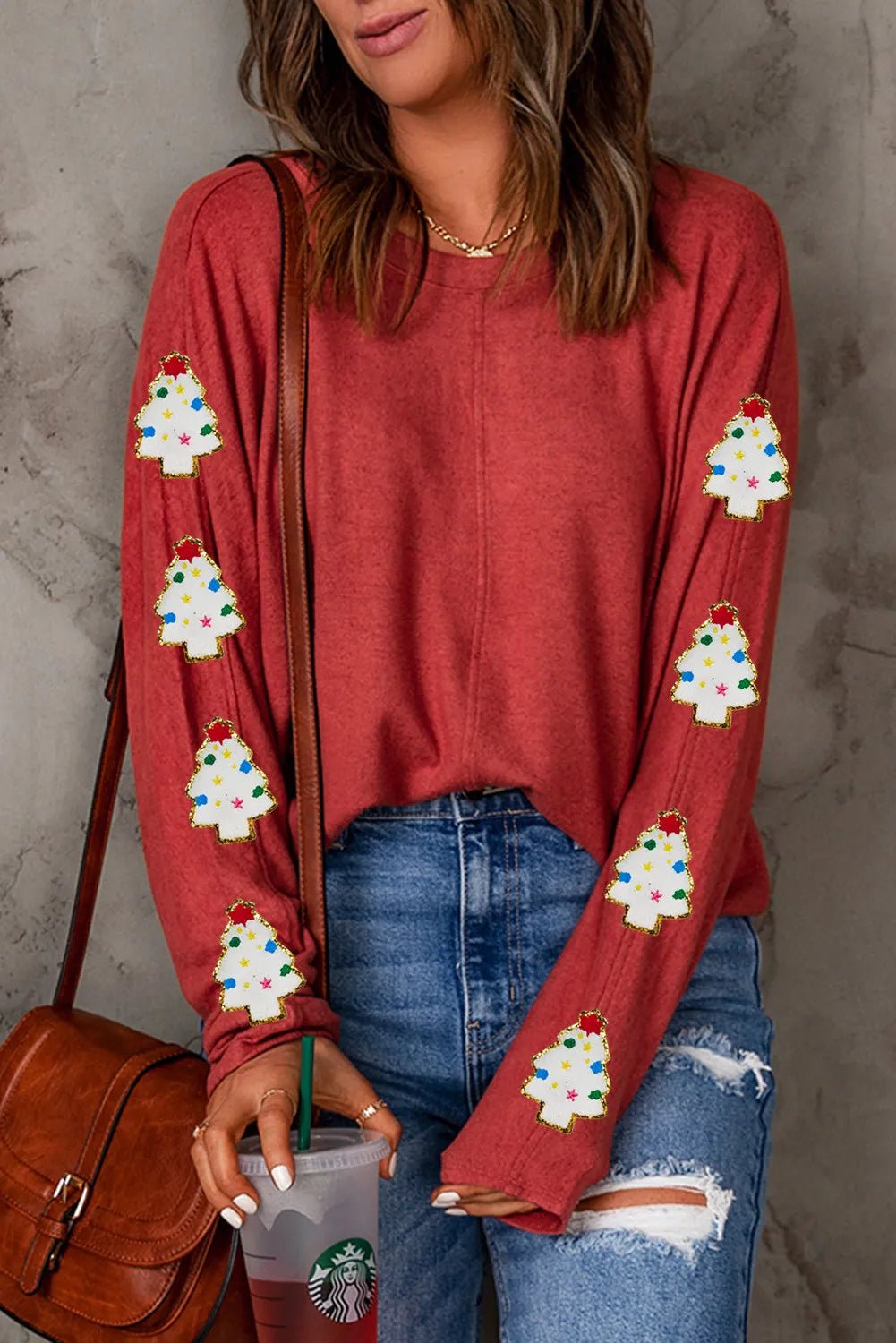 Christmas Tree Round Neck Long Sleeve Top | Trending Chic NZ