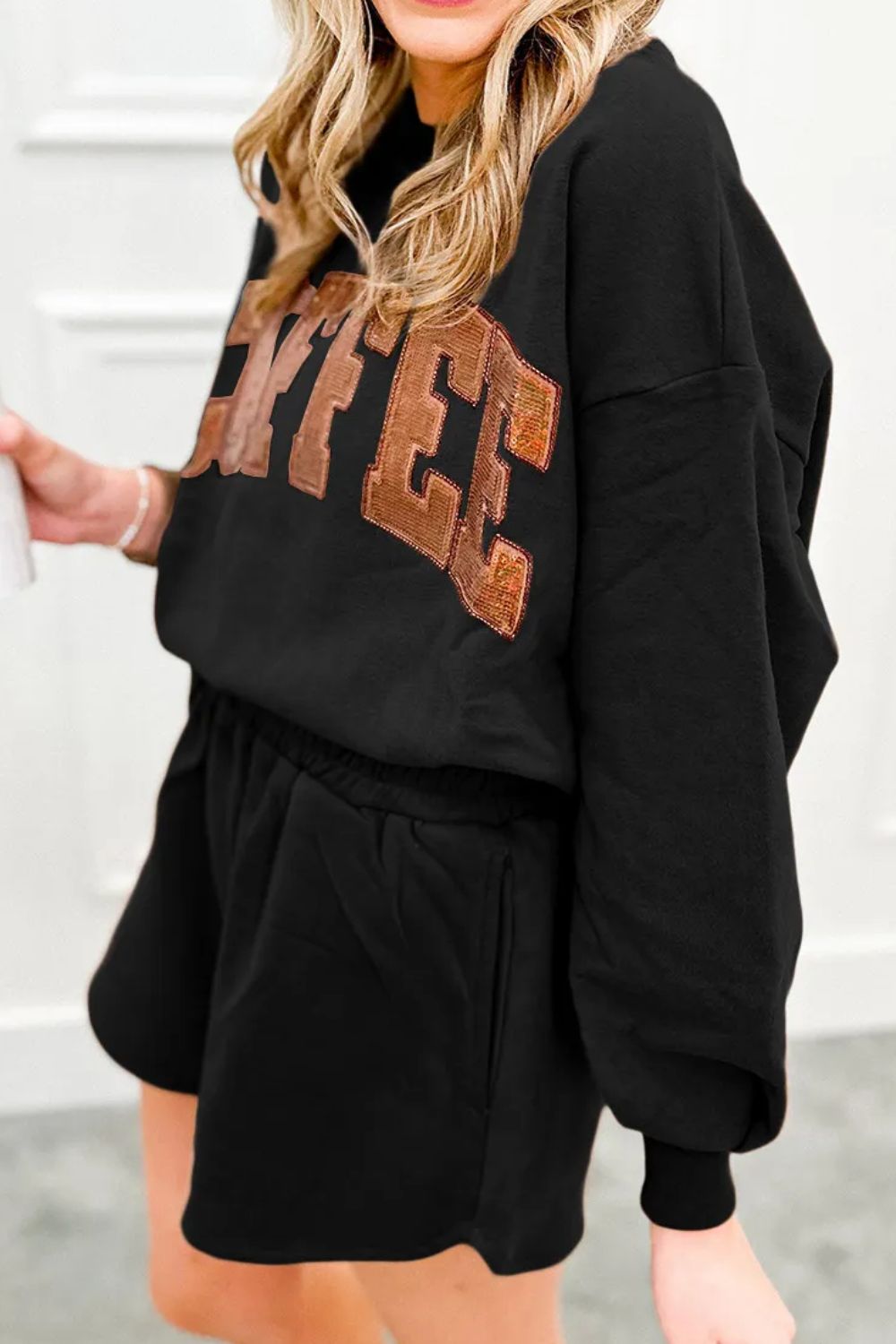 COFFEE Sequin Round Neck Long Sleeve Top and Shorts Set | Trending Chic NZ