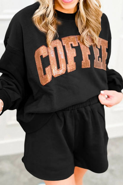 COFFEE Sequin Round Neck Long Sleeve Top and Shorts Set | Trending Chic NZ