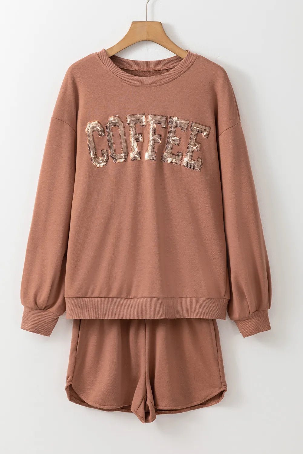 COFFEE Sequin Round Neck Long Sleeve Top and Shorts Set | Trending Chic NZ