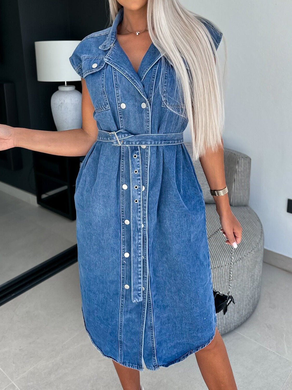 Collared Neck Cap Sleeve Denim Dress | Trending Chic NZ