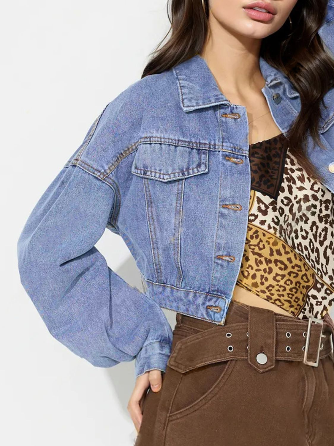 Collared Neck Dropped Shoulder Cropped Denim Top | Trending Chic NZ