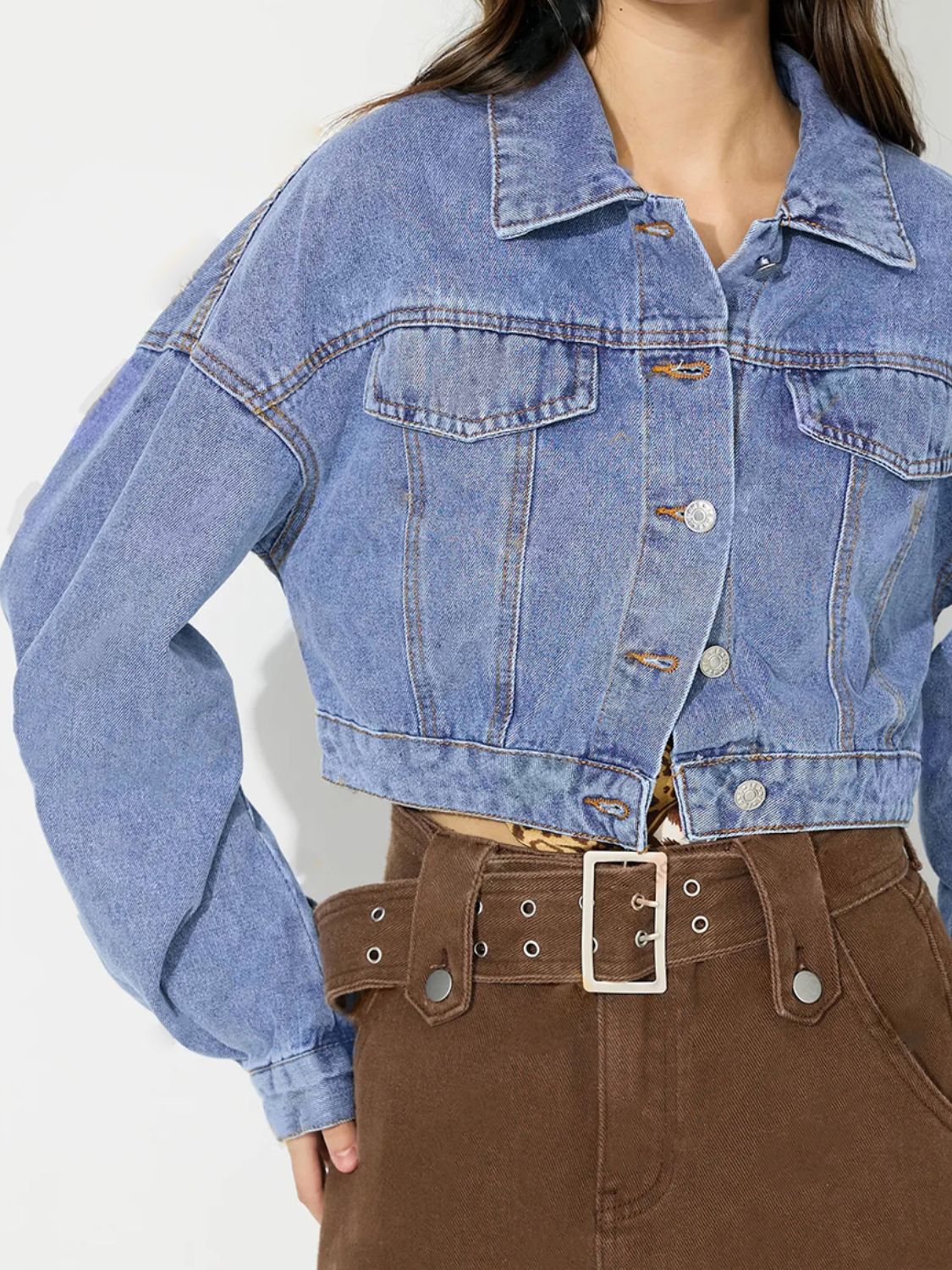 Collared Neck Dropped Shoulder Cropped Denim Top | Trending Chic NZ