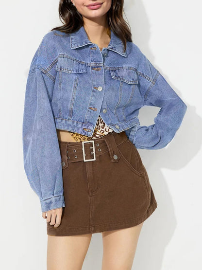 Collared Neck Dropped Shoulder Cropped Denim Top | Trending Chic NZ