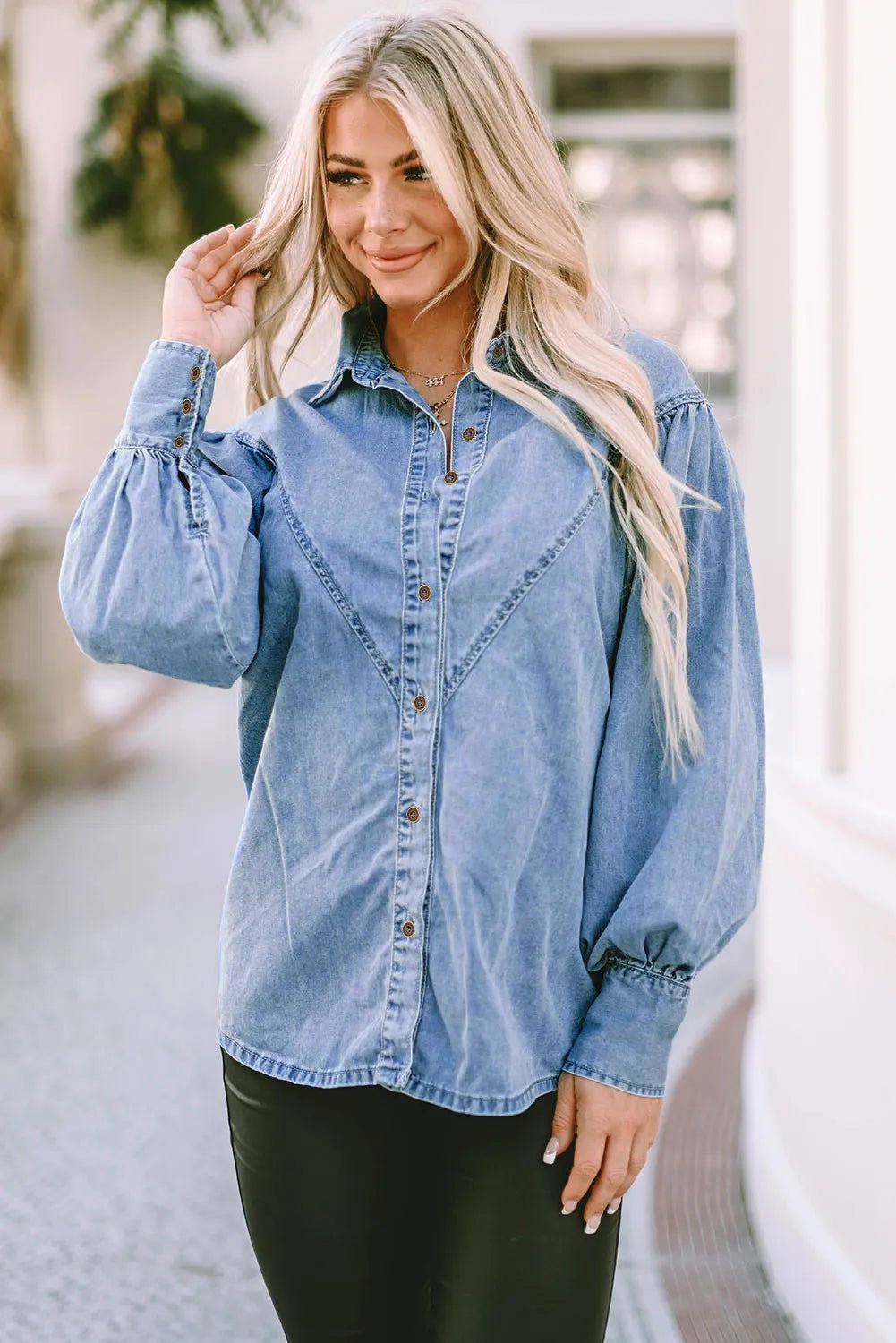 Collared Neck Lantern Sleeve Denim Top | Trending Chic NZ