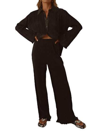 Collared Neck Long Sleeve Top and Pants Lounge Set | Trending Chic NZ