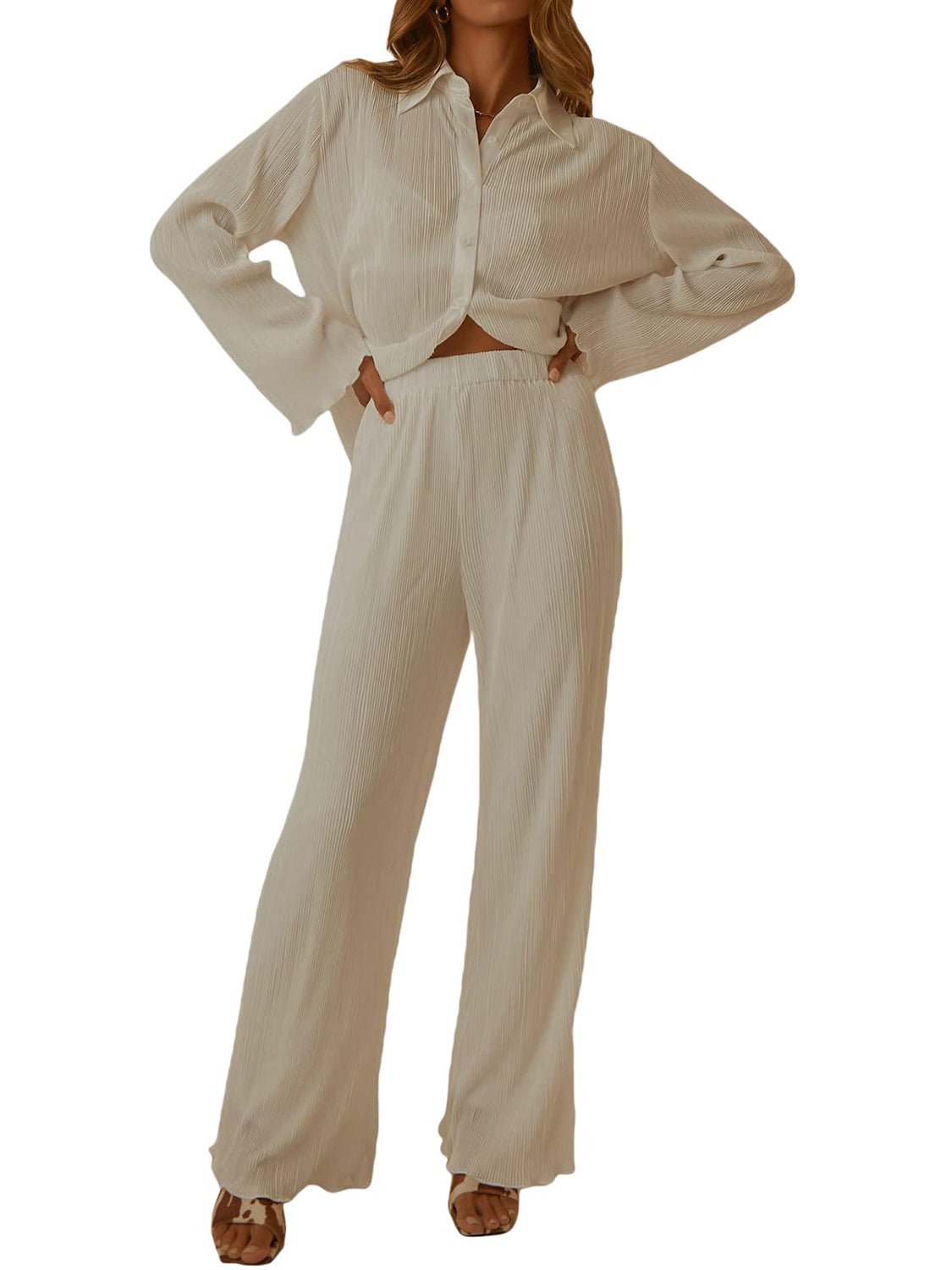 Collared Neck Long Sleeve Top and Pants Lounge Set | Trending Chic NZ