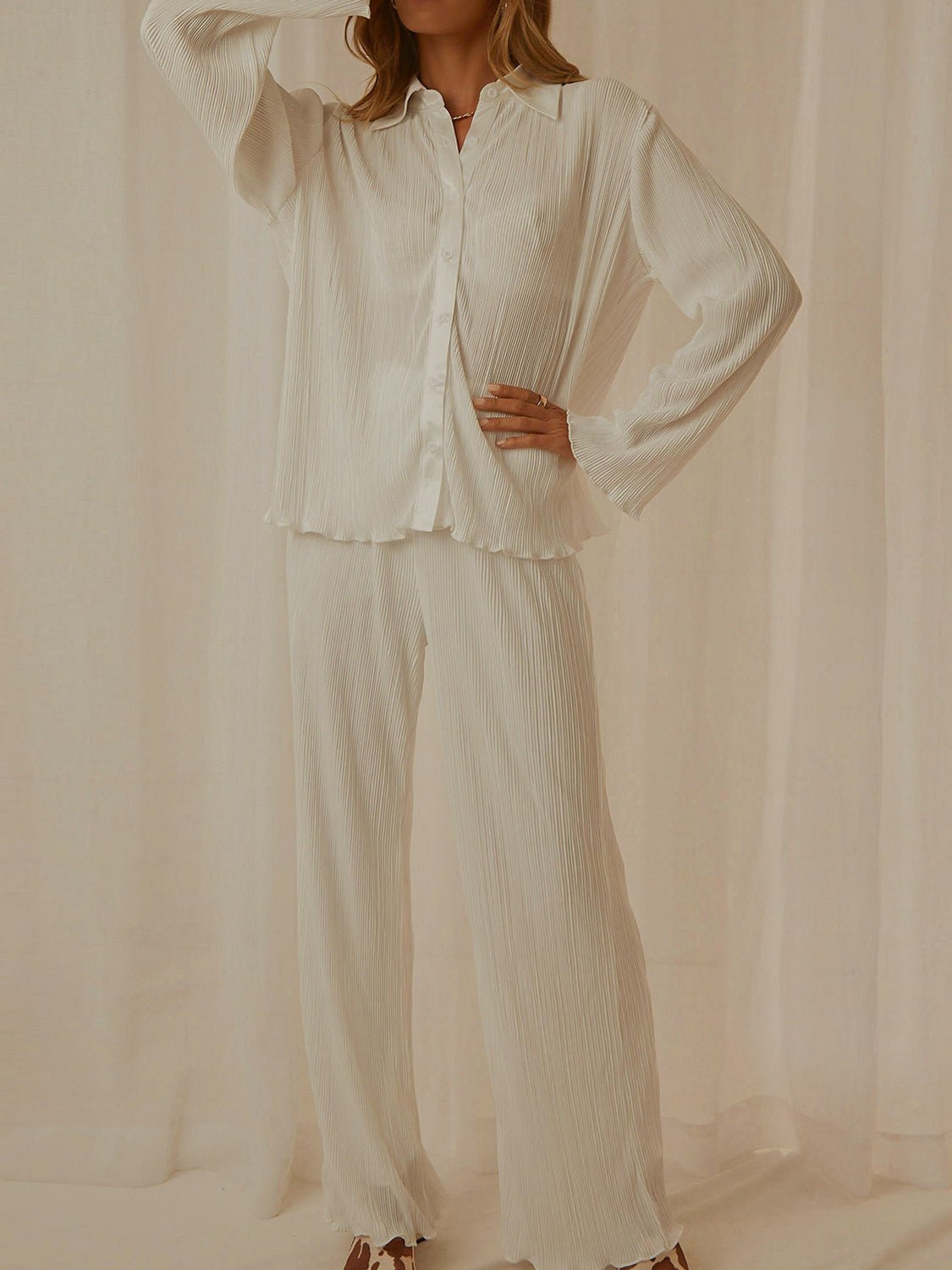 Collared Neck Long Sleeve Top and Pants Lounge Set | Trending Chic NZ