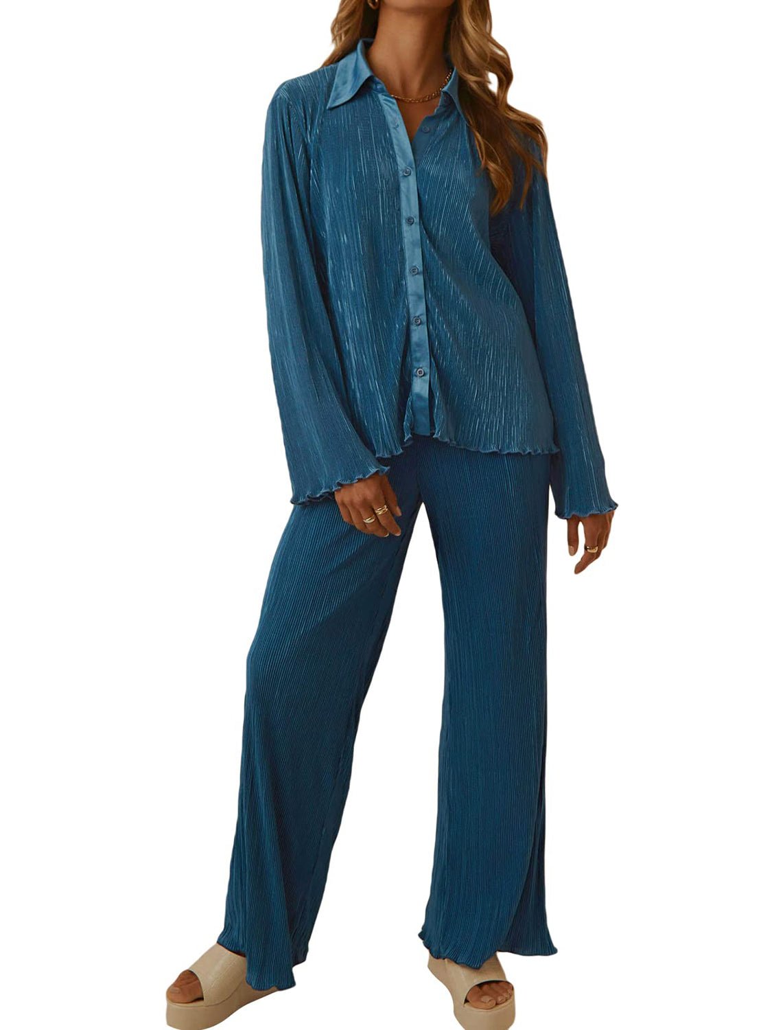 Collared Neck Long Sleeve Top and Pants Lounge Set | Trending Chic NZ