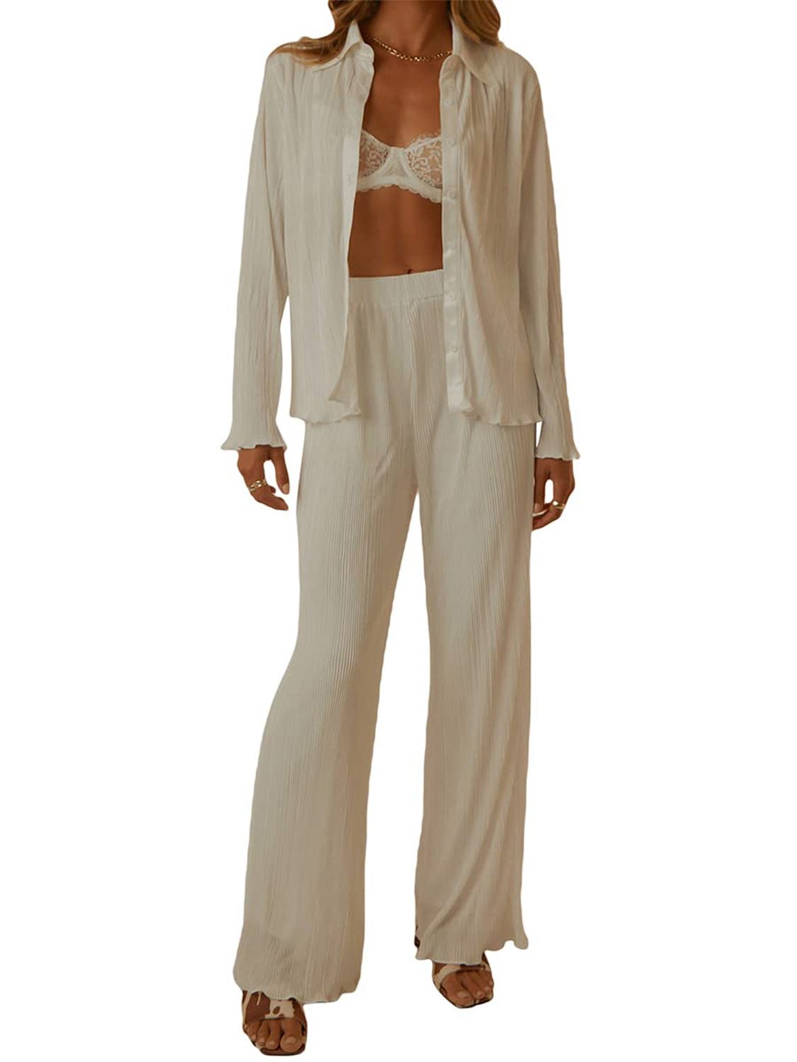 Collared Neck Long Sleeve Top and Pants Lounge Set | Trending Chic NZ